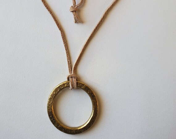 Pendant, Hand Forged, Circle Pendant, Unisex Jewelry, Bohemian Necklace 1" d with Burlap / Velvet Bag, Beige, Black or Brown Leather Strap
