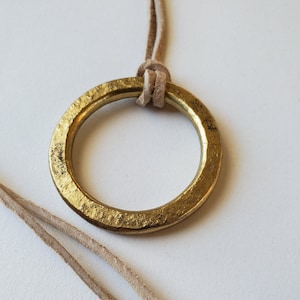 Brass Pendant Hand Forged Circle Pendant Unisex Jewelry Bohemian Necklace 1.5" d w/ Burlap or Velvet Bag Beige, Black or Brown Leather Strap
