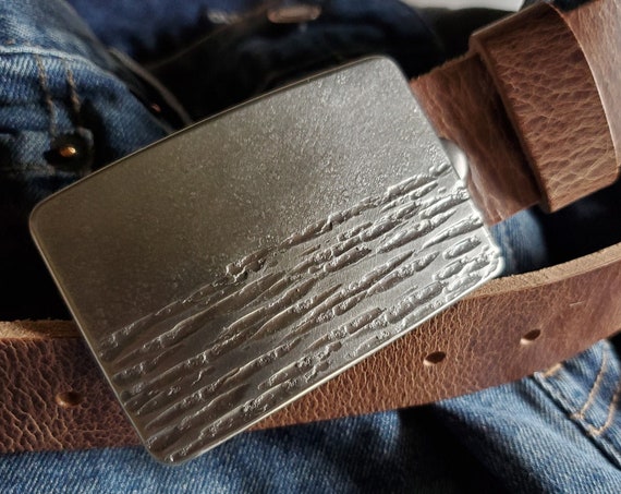 Landscape, Belt Buckle, Silver or Bronze, Hand Forged, Artisan Signed Stainless Steel Buckle, Hypoallergenic, Fits Leather Belt for Jeans