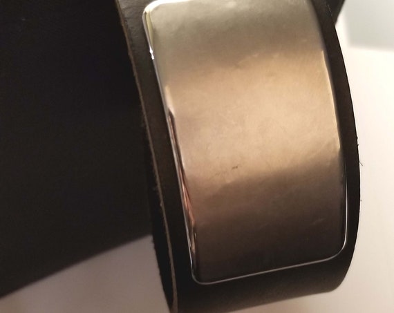 Leather Cuff Bracelet with Silver Metal Plate, Black, Unisex Leather Wrist Cuff w/snap, Boyfriend Gift, Stocking Stuffer, Gift Bag Included