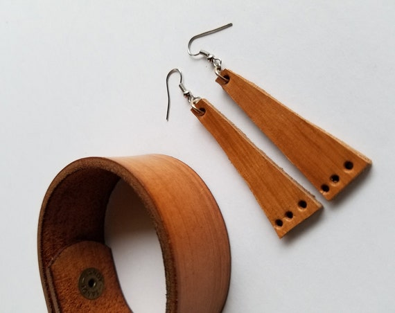 Leather Cuff & Earring Set- Leather Anniversary - Lightweight Earrings with Cuff Set - Recycled Leather Jewelry - Sizes - Gift Bag Incl.