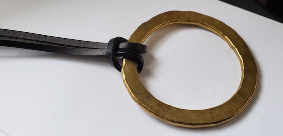 Big Brass Ring Pendant, Hand Forged, Circle Pendant, Unisex Jewelry, Bohemian Necklace 2" d with Burlap or Velvet Bag, Black Leather Strap