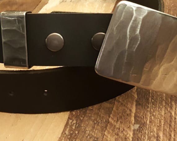 Men's Silver Hand Forged Wood Grain Stainless Steel Buckle w/ Keeper Set Gentlemen's Buckle and Leather Belt Set Father's Day Boyfriend Gift