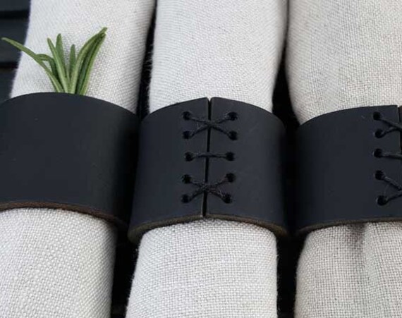 Napkin Rings, Black Leather, Hand Sewn, Wedding Table, Hostess Gift, Casual Dining, Alfresco, Housewarming Gift, Home Decor, Table Decor