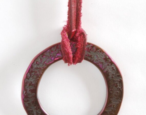 Pink Bronze Pendant Necklace, Hypoallergenic, Jewelry, Hand Forged Textured Circle Necklace 2.25"d Stainless Steel & Pink Leather Strap