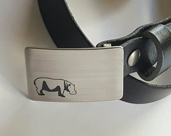 Personalized Leather Belt & Etched Buckle: Hippo, Zebra 