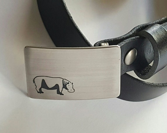 Personalized Belt & Buckle Set, African Safari, Etched Hippo, Zebra, Customized, Design Your Buckle w/ 1-1/4" Wide Leather Belt with Snaps