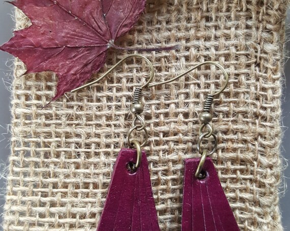 Lightweight Plum Leather Earring Set ~ Bronze Shepherd Hooks ~ Hand Dyed Earring Set Leather Jewelry w/ Burlap Storage Bag-Perfect Gift