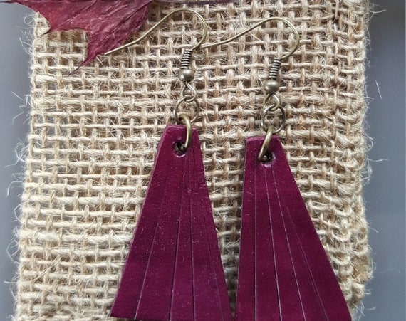 Lightweight Plum Leather Earring Set ~ Bronze Shepherd Hooks ~ Hand Dyed Earring Set Leather Jewelry w/ Burlap Storage Bag-Perfect Gift