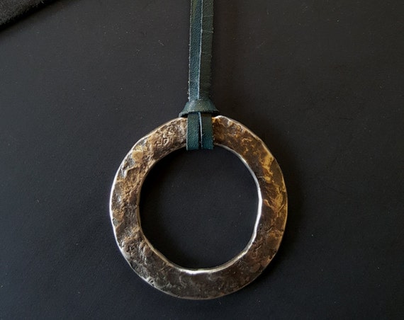 Hypoallergenic Hand Forged Silver and Blue Pendant Necklace 2.25"d Solid Stainless Steel Anvil Textured Ring & Blue Leather Strap with Knot