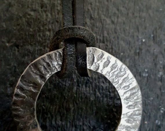 Silver Rustic Hand Forged Textured Circle Pendant Jewelry Unisex Necklace 2.25"d Hypoallergenic Solid Stainless Steel & Black Leather Strap
