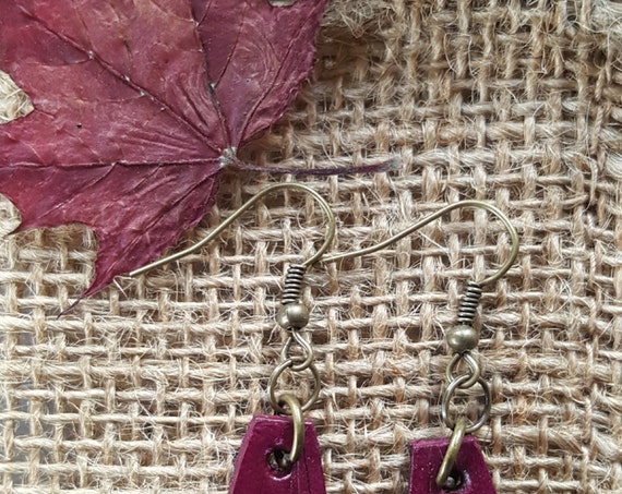 Lightweight Plum Leather Earring Set ~ Bronze Shepherd Hooks ~ Hand Dyed Earring Set Leather Jewelry w/ Burlap Storage Bag-Perfect Gift