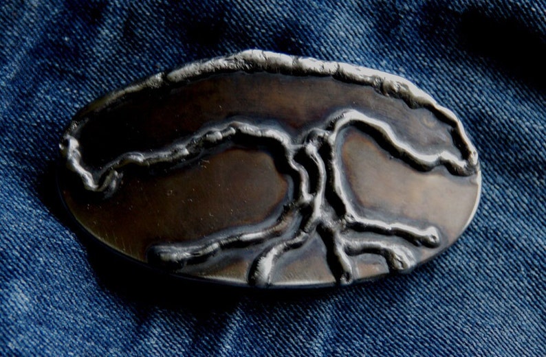 Oval Tree of Life Design, Family Tree, Stainless Steel, Roots, Blue Jean Belt Buckle fits 1-1/2 Leather Belt Silver on Dark Back