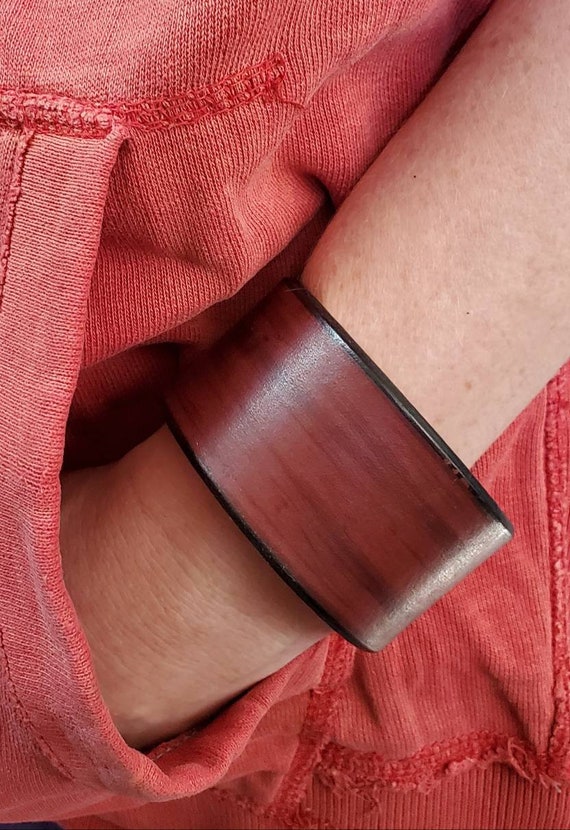 Unisex Leather Cuff Bracelet with snaps Cherry Woodgrain Wrist Cuff w/ Snap, Boyfriend Gift, Gal Gift, Burlap or Velvet Gift Bag Included