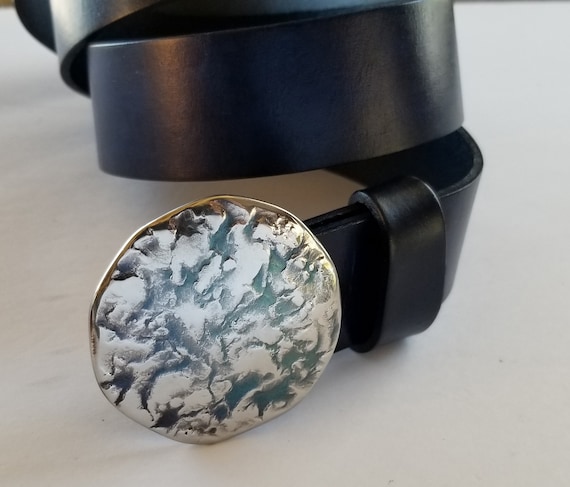 Round Hand Forged Blue & Silver Belt Buckle - Hypoallergenic Accessories - Anvil Textured Buckle Solid Stainless Fits 1-1/2" Leather Belt