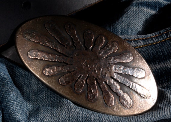 Belt Buckle, Large Oval Sunburst, Bronze Anniversary Gift, Mother's Day Hand Forged Anvil Hammered Stainless Steel Sun for 1.5" Leather Belt