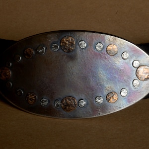 Oval Hand Forged Belt Buckle w/ Bronze & Stainless Steel Overlay on Solid Stainlesss Steel Buckle Hypoallergenic Fits 1.5&quot; Blue Jean Belt