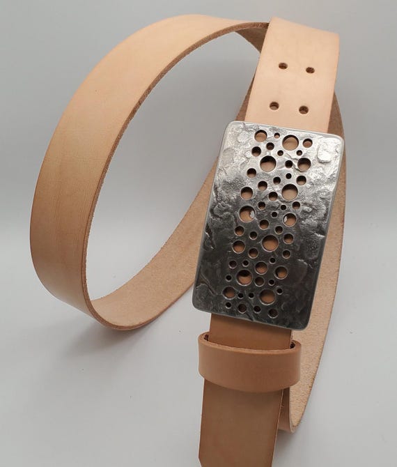 Polka Dot Belt & Buckle Handcrafted Hypoallergenic Blue Jean Belt Buckle and 1.5" Leather Belt Hand Forged Unisex Silver Stainless Steel