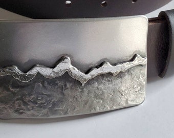 Belt Buckle Hand Forged Silver Landscape Stainless Steel or Bronze Overlay Hypoallergenic Accessories Buckle fits 1.5" Belt for Blue Jeans