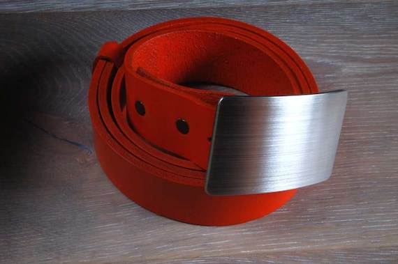 Unisex Hypoalergenic Brushed Stainless Steel Belt Buckle & Orange Hand Dyed 1.5" Leather Belt Custom Cut to your waist size For Jeans/Chinos