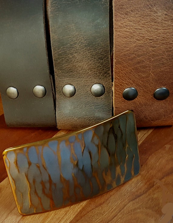 Wide Belt and Buckle SET- Gift for Guys- Copper Gold Patina Hand Forged Stainless Steel Belt Buckle & 1.75" Belt with Snaps-Boyfriend Gift
