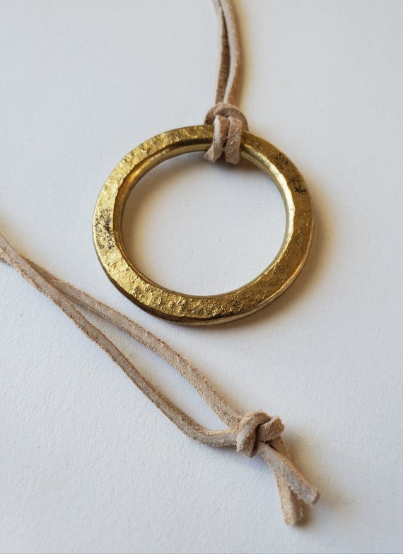 Pendant Gold Hand Forged Circle Pendant Stainless Steel Jewelry Necklace 2.5" diameter Stainless Steel Brass & Leather Strap Unisex Gifts