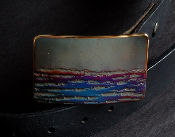 Canadian Landscape Belt Buckle for Blue Jeans Artisan Hand Forged Stainless Steel Buckle Bronze Blue Gold Signed by Artist, Robert Aucoin