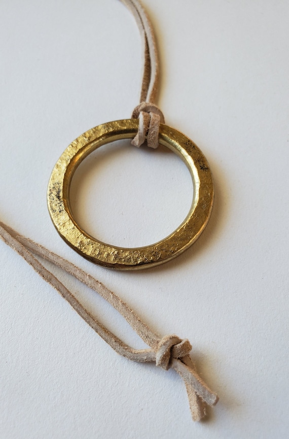 Brass Pendant Hand Forged Circle Pendant Unisex Jewelry Bohemian Necklace 1.5" d w/ Burlap or Velvet Bag Beige, Black or Brown Leather Strap