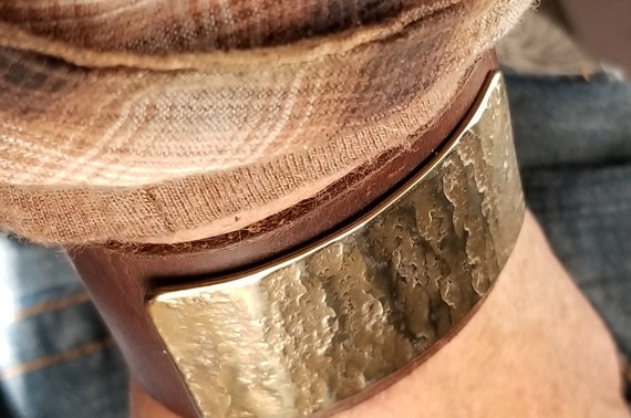 Leather & Metal Wrist Cuff Choice of Leather Colour w Snap Close Hand Forged Stainless Steel Gold or Silver Plate,Burlap Gift Bag Included