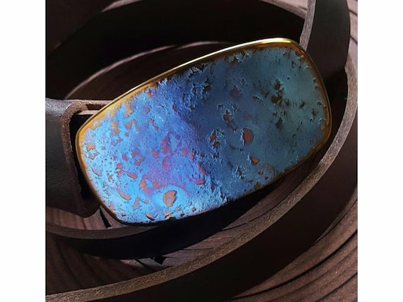 Hand Forged Stainless Steel Belt Buckle, Textured Blue & Gold