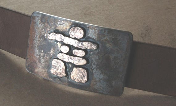 Belt & Buckle Set Inuit Art Rustic Bronze Inukshuk  Hand Made in Canada  Hand Forged Belt Buckle with Leather 1.5" Belt for Blue Jeans
