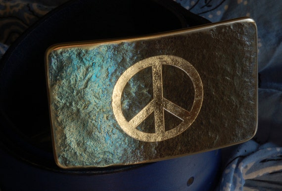 Peace Sign Belt Buckle Hand Forged Hypoallergenic Accessories Buckle Signed Original fits 1.75" Blue Hand Dyed Belt and Buckle Unisex Set
