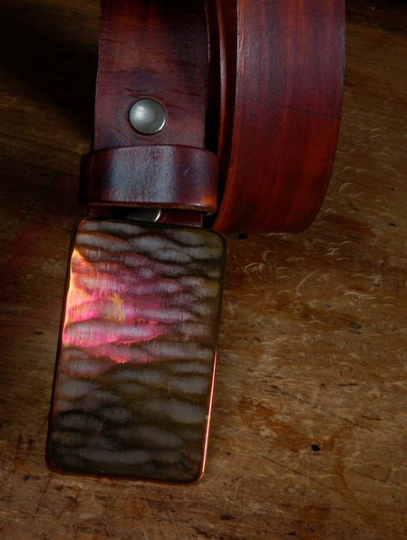 SET Hand Forged Multi Coloured Hypoallergenic Belt Buckle & Hand Dyed Woodgrain Leather Belt 1.5" Wide with Snaps Custom Cut for your Waist