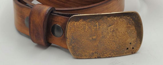 Suit Buckle & Belt - Hand Forged Buckle with Hand Dyed Tan Belt 1-1/4" Wide Belt and Stainless Steel Buckle