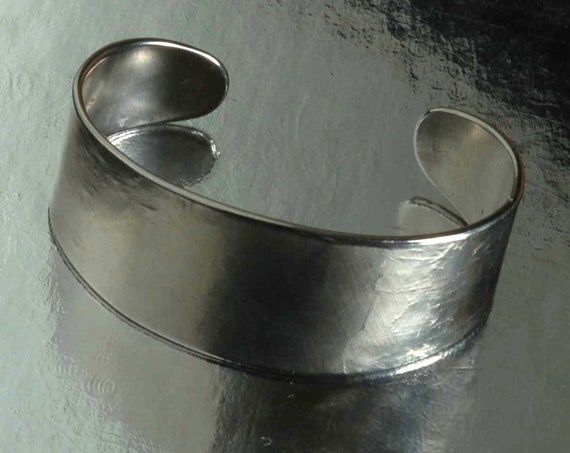Iron Art Unisex Silver CUFF Bracelet Hypo Allergenic Hand Forged Rugged Woodgrain Textured Stainless Steel Signed Original by Robert Aucoin