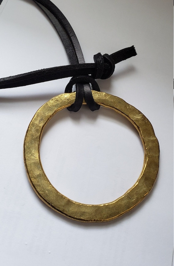 3" Big Brass Ring & Leather Strap Pendant Hand Forged Circle Pendant Unisex Jewelry Bohemian Necklace w/ Gift Bag