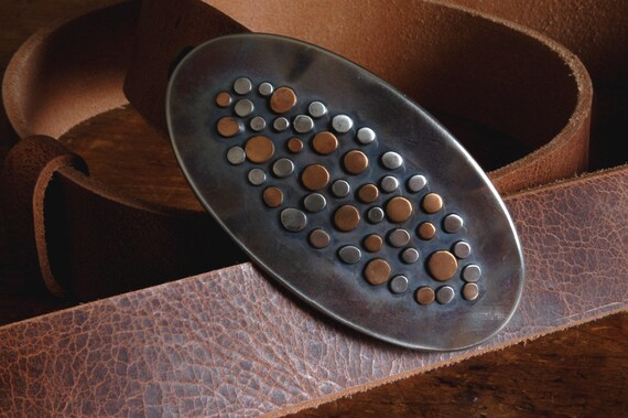 Rustic Oval Belt Buckle Stainless Steel & Bronze Polka Dots Canadian Made Hypoallergenic Accessories Hand Forged Fits 1.5" Belt for Jeans