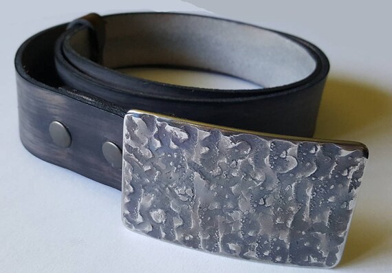 Handcrafted Indigo Buckle & Belt SET ~ Hand Forged ~ Hypoallergenic Unisex Belt Buckle with Hand Dyed Leather Wood Grain Snap Belt for Jeans
