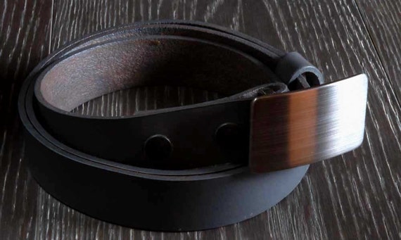 Hypoallergenic Brushed Stainless Belt Buckle & Hand Dyed Gray Leather Belt Set Unisex Steel Signed Original Fits 1.25" Belt for Suits/Casual