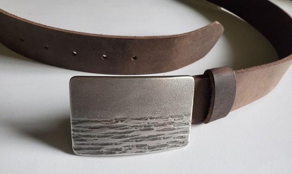 Belt & Buckle, Landscape Buckle Hand Forged,  Signed Stainless Steel, Seascape Buckle and Leather Belt for Jeans