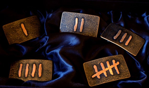 Set of Five Belt Buckles Bronze on Stainless Steel Castaway Calendar Work Week Monday to Friday