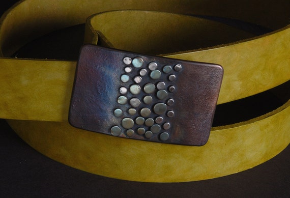 Artisan Belt Buckle & Chartreuse Hand Dyed Belt with Snaps Hand Forged Buckle w/ Bronze Green Polka Dot Design Fits 1.5" Belt for Blue Jeans