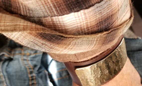 Leather & Metal Wrist Cuff, Choice of Leather Colour w snaps, Hand Forged Stainless Steel Gold or Silver Plate,Burlap Gift Bag Included