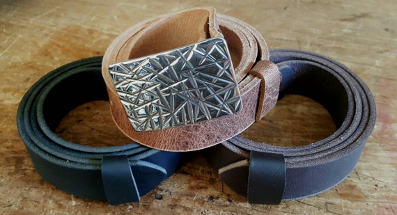 Snap On SET 3 Leather Belts & Buckle Men's Accessories Gift Set Hand Forged Stainless Steel Hypoallergenic Buckle Black, Brown, Distressed
