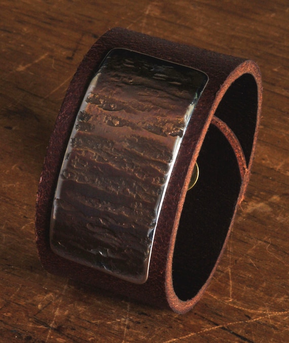 Unisex Leather & Metal Cuff Bracelet Wristband Arizona Earth Tones Brown Leather Gold Taupe Anvil Textured Stainless Steel Hypoallergenic