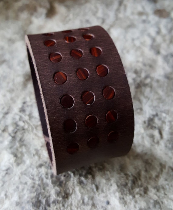 Men's Brown Leather Bracelet Cuff Unisex Wrist Cuff with Brown Polka Dots Snap Close fits Size 6.75" Velvet or Burlap Gift Bag Included
