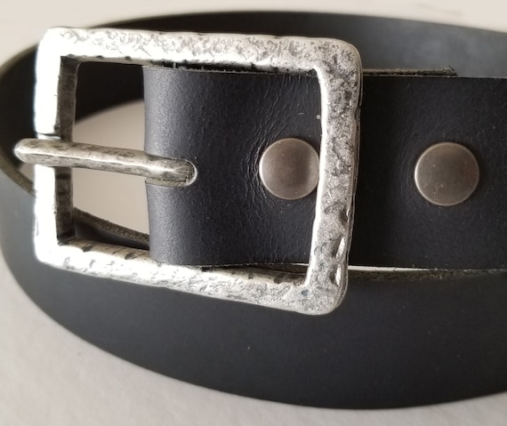 Hammered Silver and Black Buckle with Leather Snap Belt ~ Choose from Five Leather Belt Colours ~ 1-1/2" Belt for Jeans ~ Custom Cut Belt