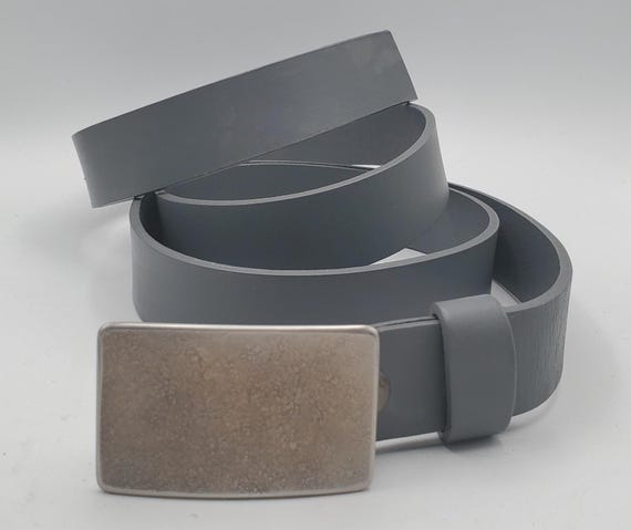 Silver Suit Buckle with Grey Belt - Hand Forged Buckle with Hand Dyed Gray Belt 1-1/4" Wide Belt and Stainless Steel Buckle