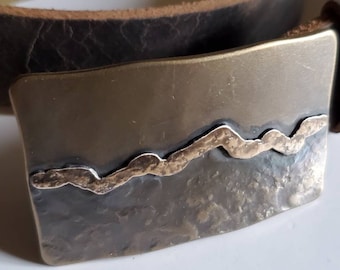 Belt Buckle, Hand Forged Landscape,Stainless Steel & Bronze Overlay, Hypoallergenic Accessories, Buckle fits 1.5" Belt for Blue Jeans