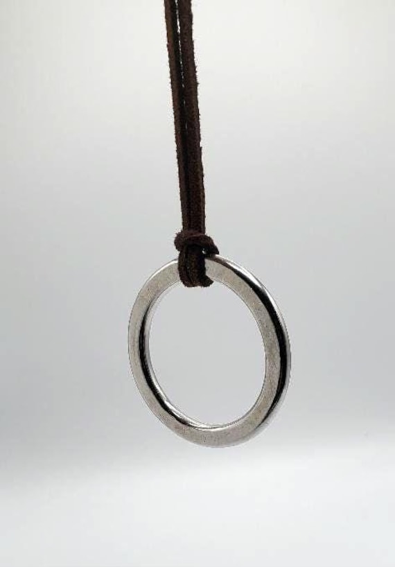 Stainless Steel Pendant Circle Pendant Unisex Jewelry Bohemian Necklace 1.5" d w/ Burlap or Velvet Bag, Beige, Black or Brown Leather Strap
